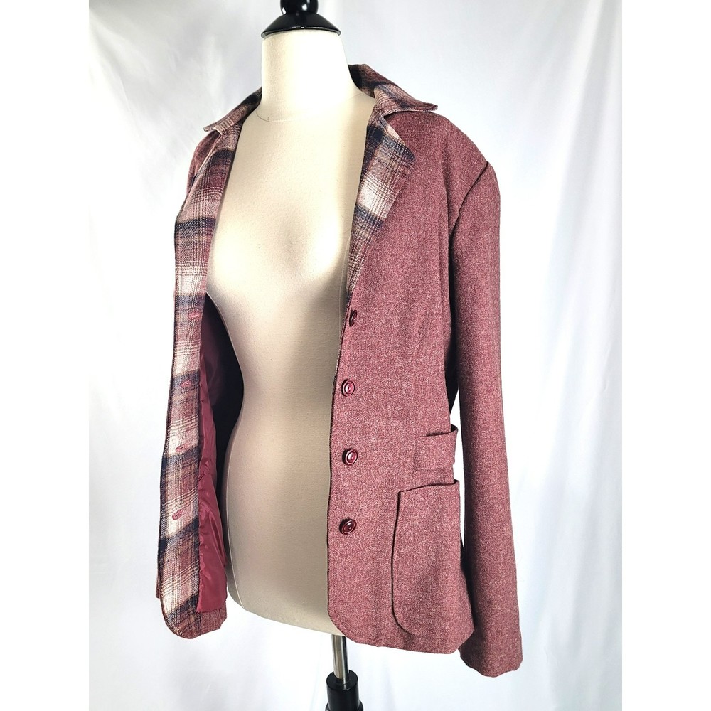 Vintage women's maroon plaid wool blazer jacket lined faux belt size M/L see des